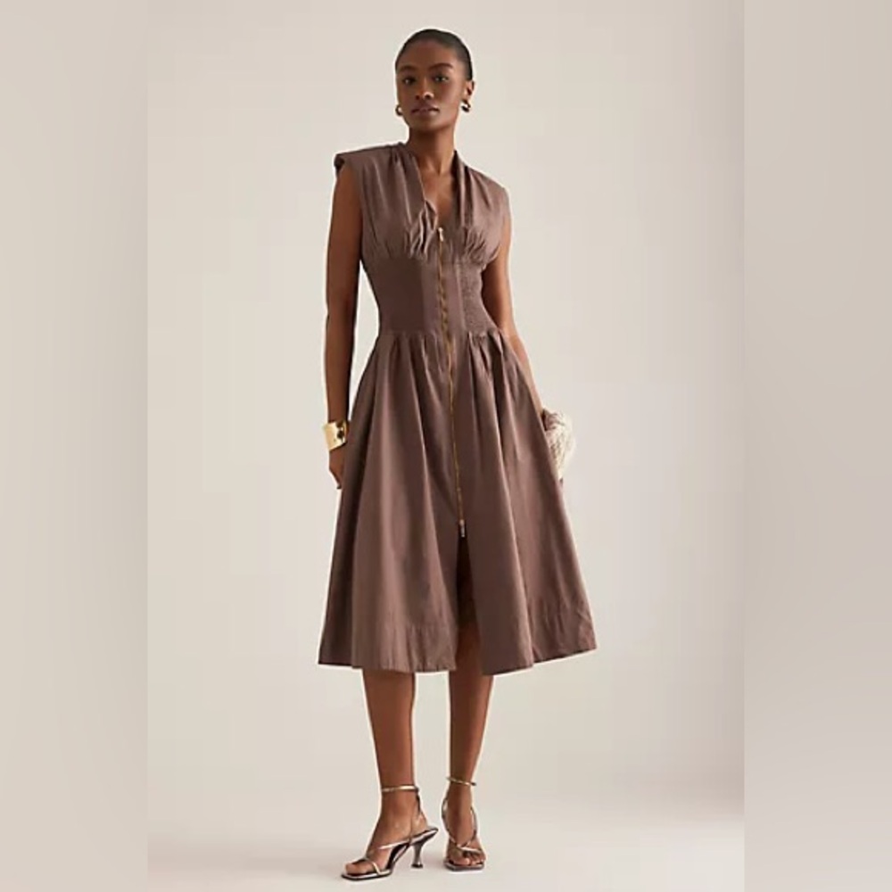 Anthropologie The Tommie Cap-Sleeve Smocked Front-Zip Shirt Dress